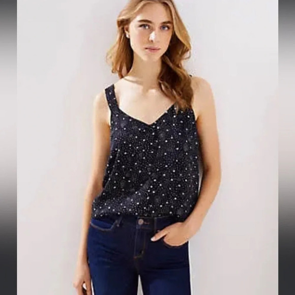 LOFT Starry Strap V-Neck Cami, Size Small, black star print, chiffon sleeveless - Picture 1 of 11